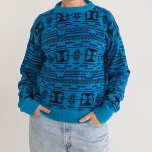 Vintage Wrangler Blue Knit Aztec Print Crewneck Sweater S